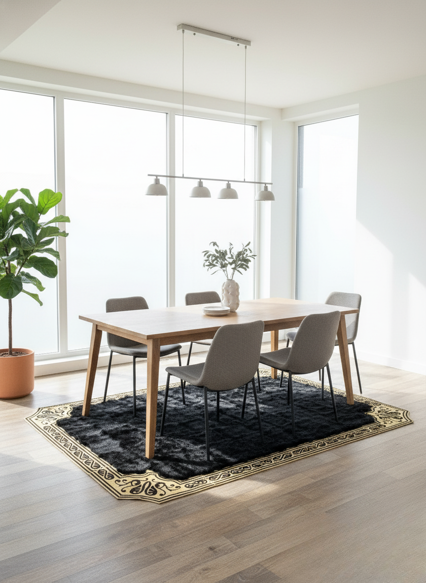 Black Tuscan Area Rug – Gold Corner Detailing, Natural Fur Texture, Non-Slip Backing, Custom Sizes Available