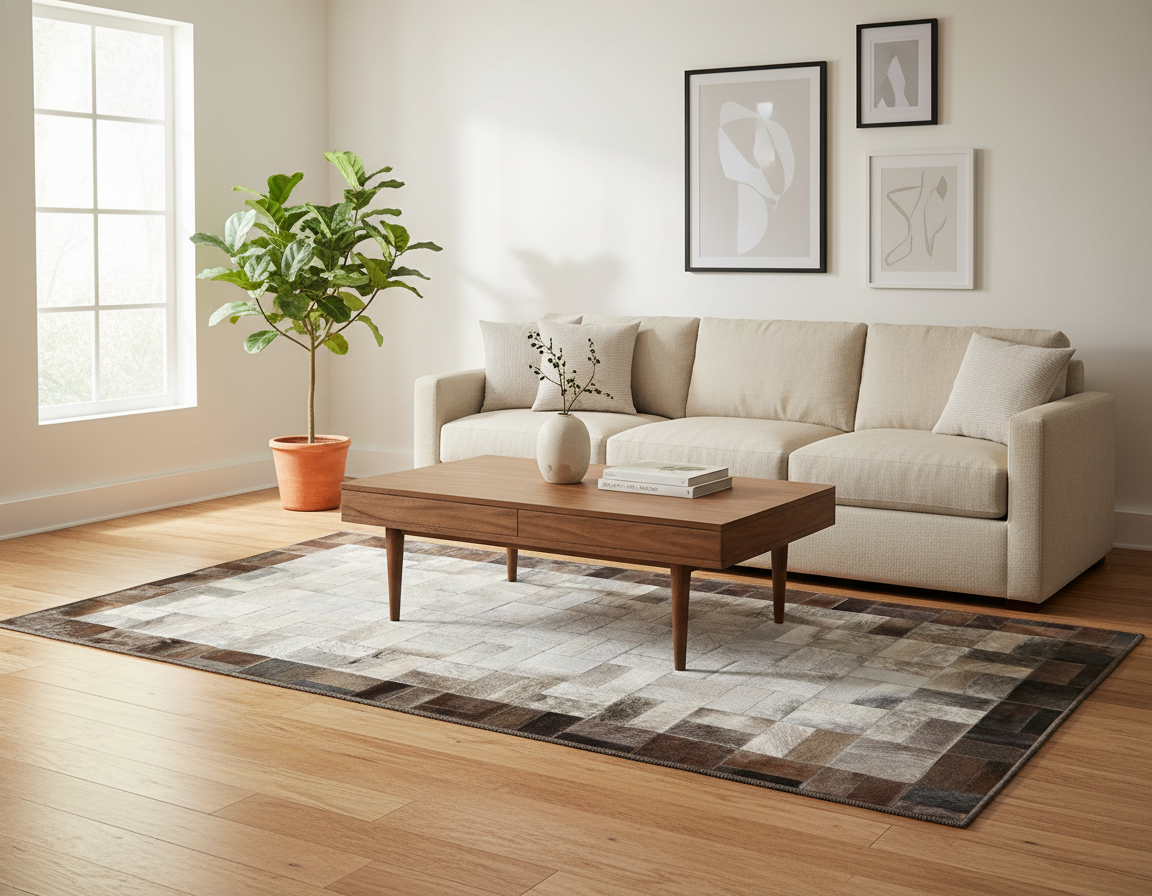 Grey Brown Patchwork Cowhide Rug, Leather Area Rug,