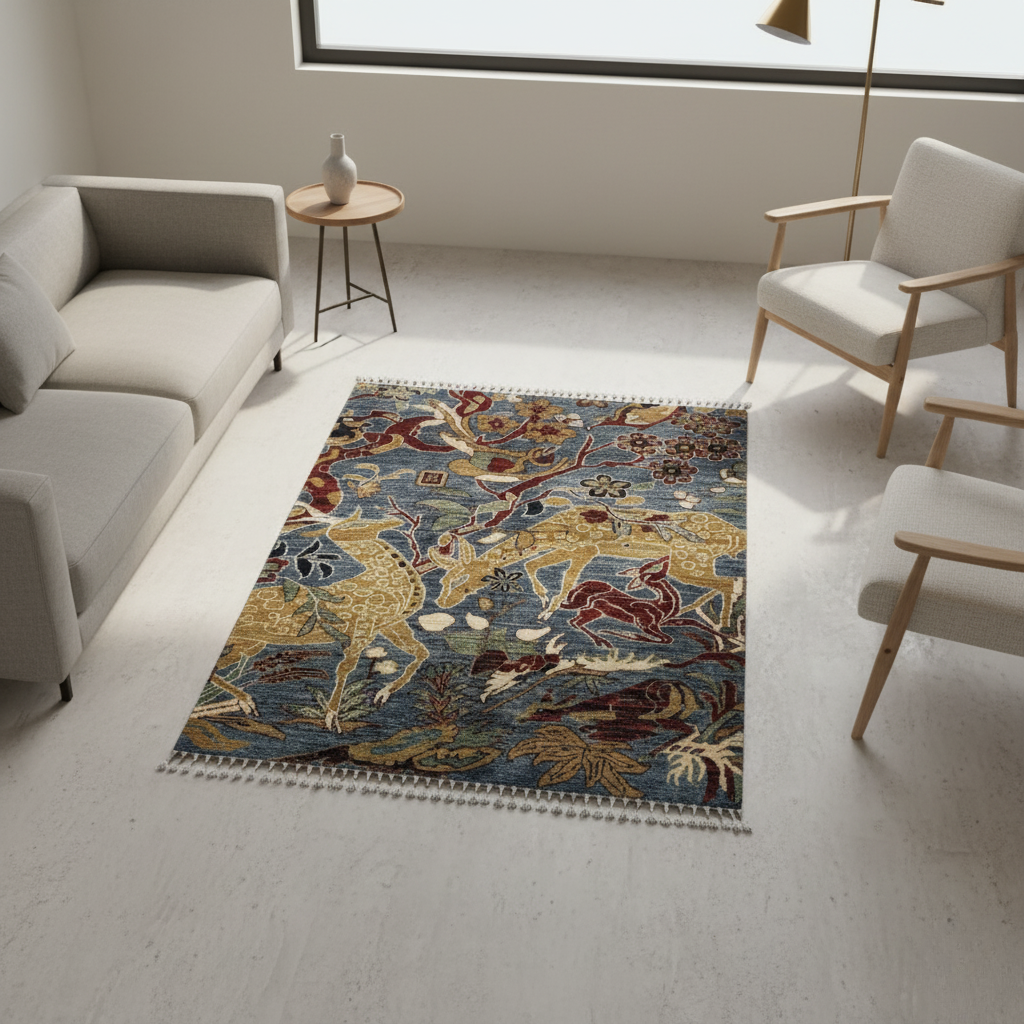 Afghan Animal Design Rug – Hand-Knotted Wool Carpet 148x105cm (4.8x3.4ft)