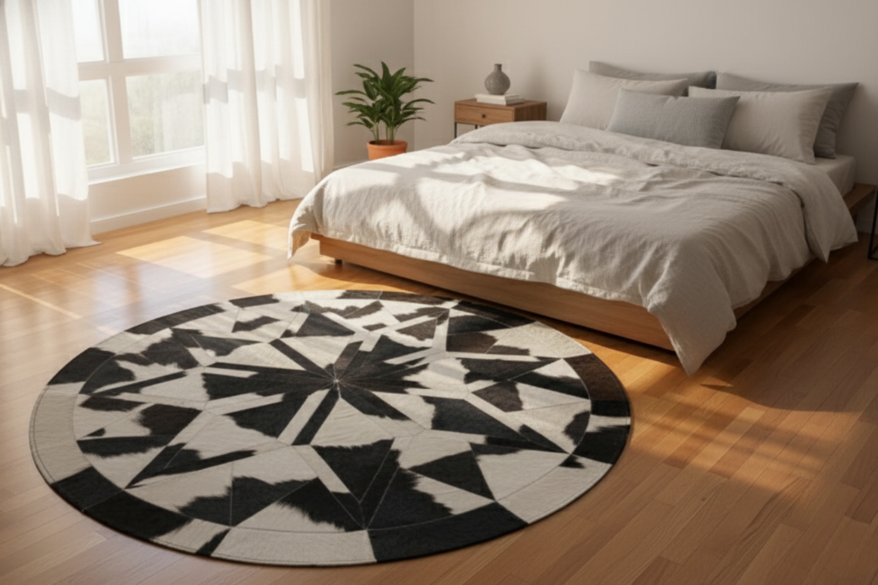 Black White Round Cowhide Rug, Patchwork Leather Circle Rug, Modern Cowhide Carpet for Home Décor