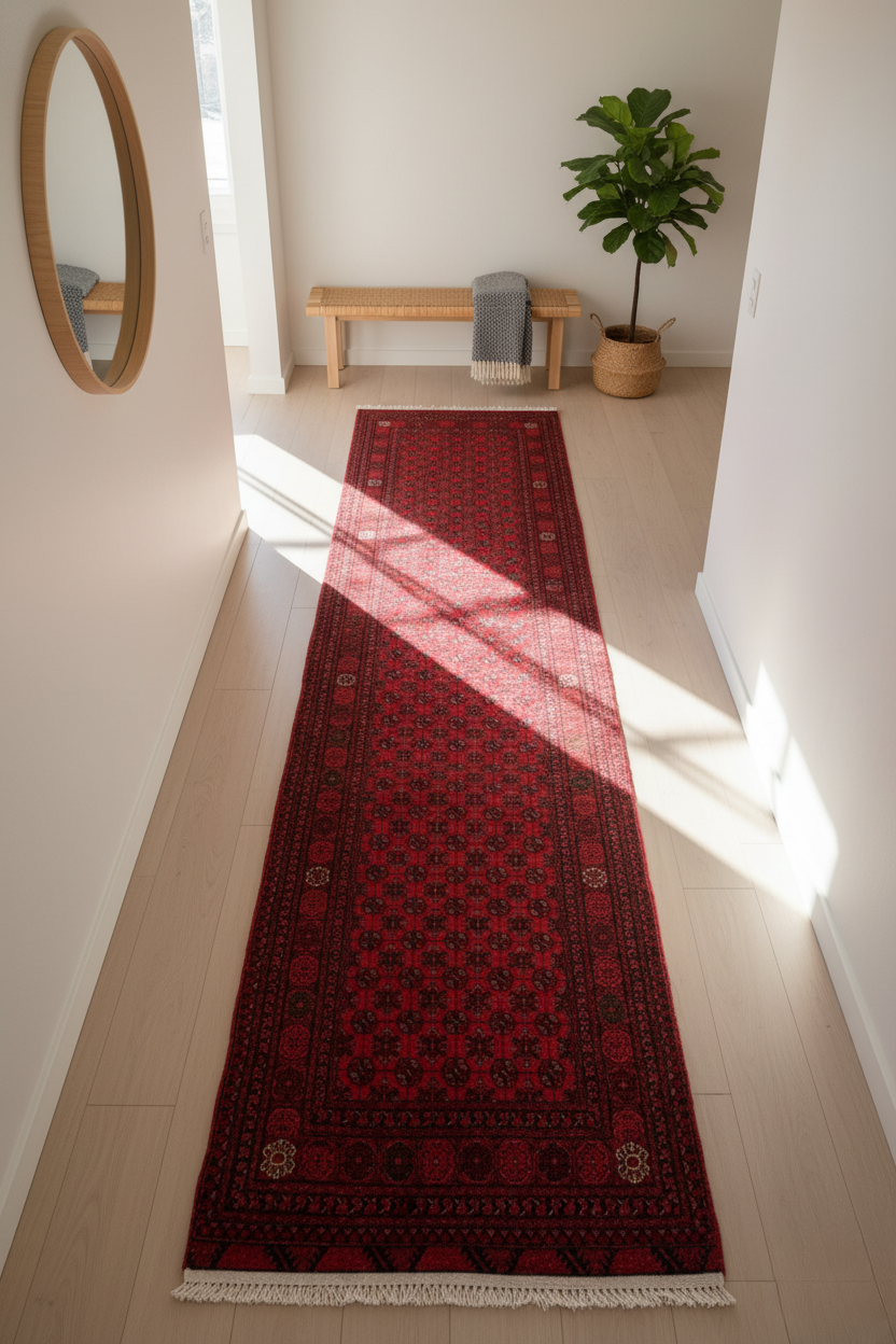 Red Afghan Runner Rug – Hand-Knotted Wool Carpet 390x91cm (12.8x3ft)