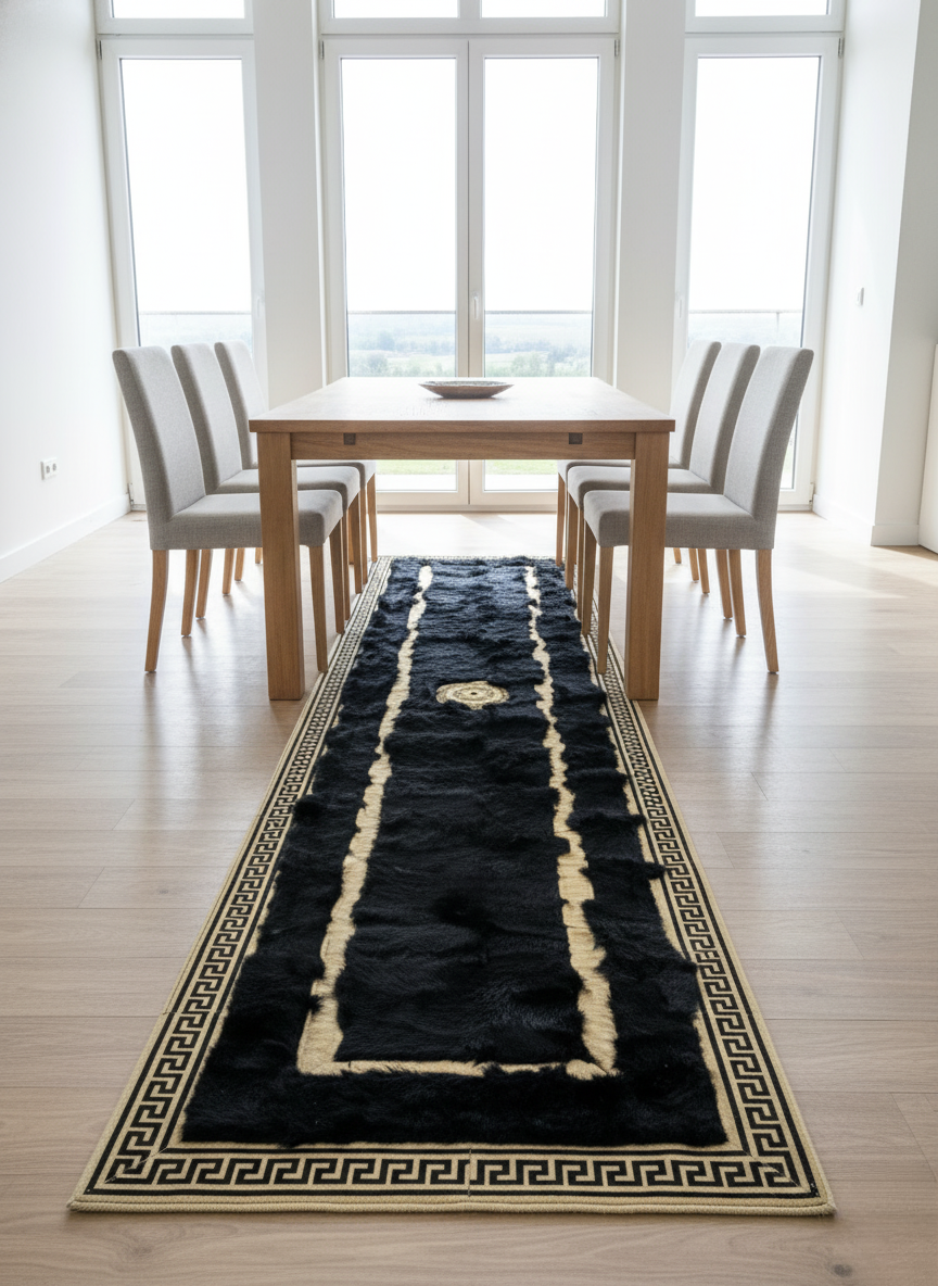 Black Tuscan Runner Rug – Gold Line Accents, Natural Fur Texture, Non-Slip Backing, Custom Sizes Available