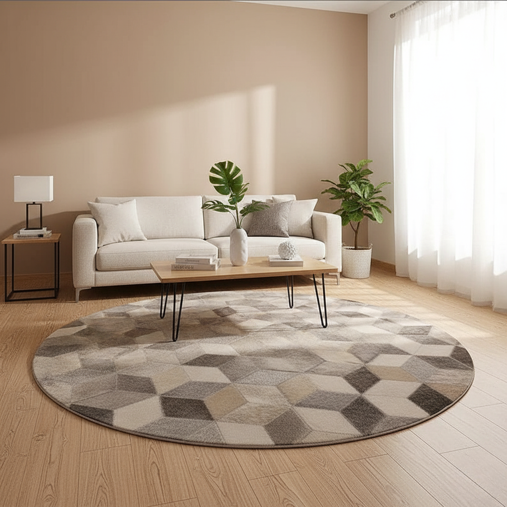 Round Patchwork Cowhide Rug, Beige & Grey Leather Circle Rug, Modern Natural Cowhide Carpet for Home Décor