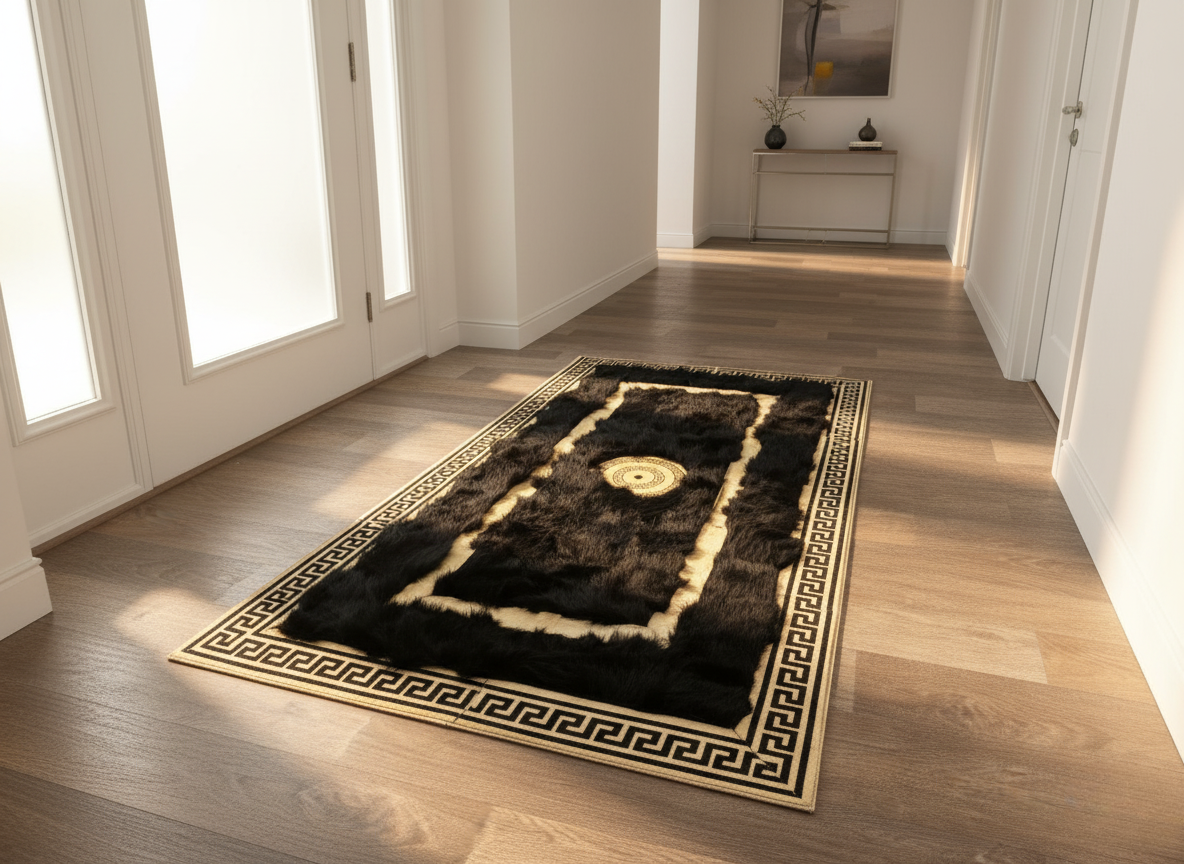 Black Tuscan Runner Rug – Gold Line Detailing, Natural Fur Texture, Central Medallion, Non-Slip Backing, Custom Sizes Available