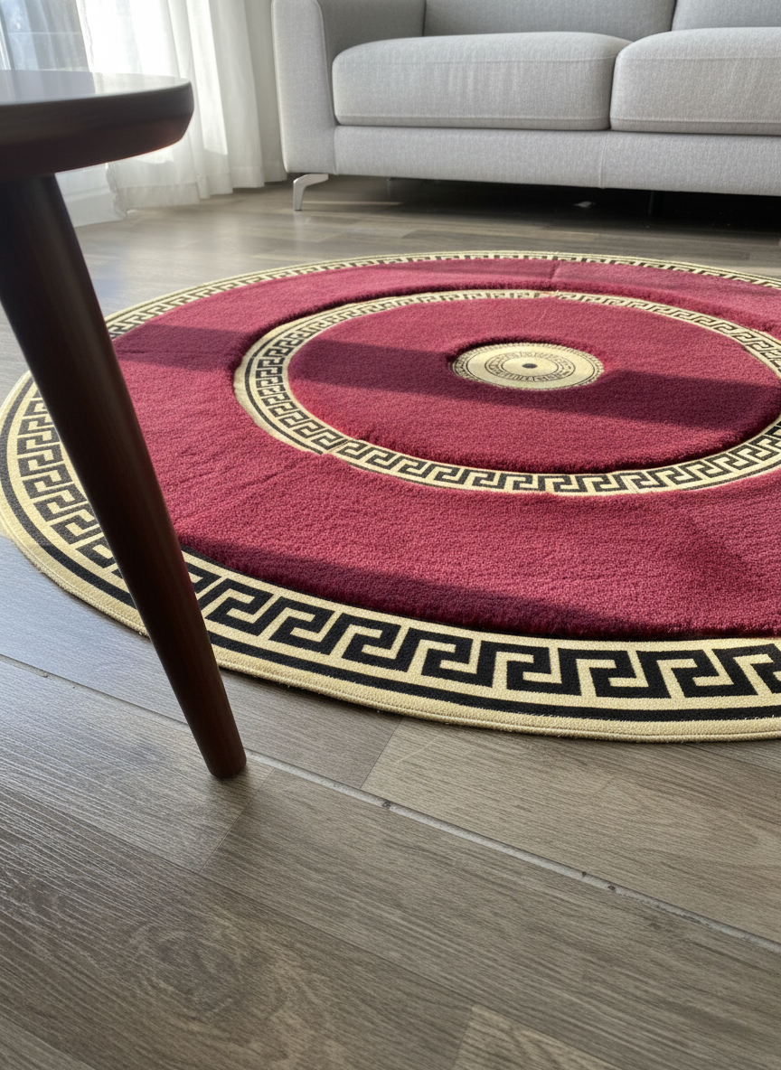 Burgundy Round Plush Rug – Gold Border Detailing, Ultra-Soft Texture, Non-Slip Backing, Custom Sizes Available
