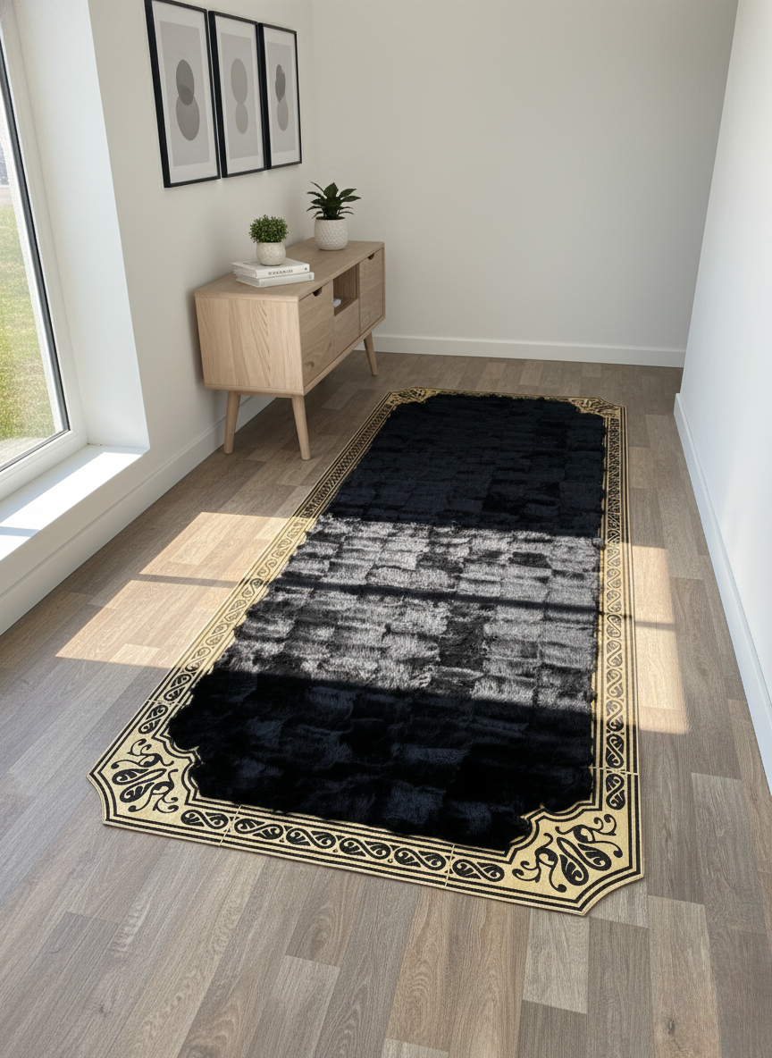 Black Tuscan Area Rug – Gold Corner Detailing, Natural Fur Texture, Non-Slip Backing, Custom Sizes Available