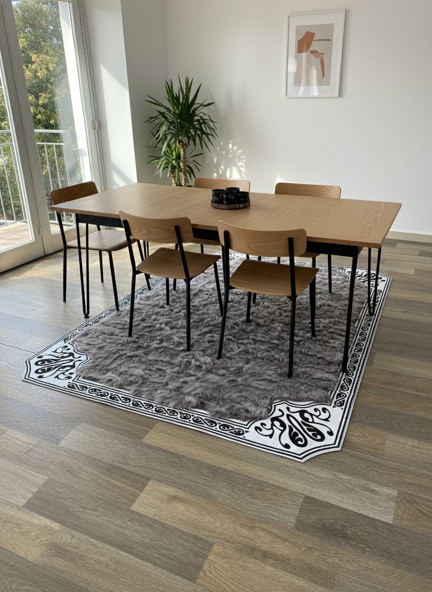 Gray Tuscan Area Rug – Black & White Corner Detailing, Natural Fur Texture, Non-Slip Backing, Custom Sizes Available