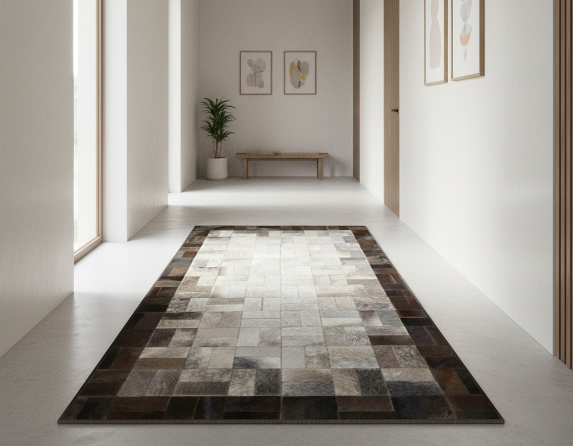 Grey Brown Patchwork Cowhide Rug, Leather Area Rug, Modern Cowhide Carpet for Living Room Décor
