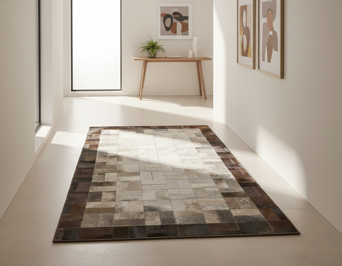 Grey Brown Patchwork Cowhide Rug, Leather Area Rug,