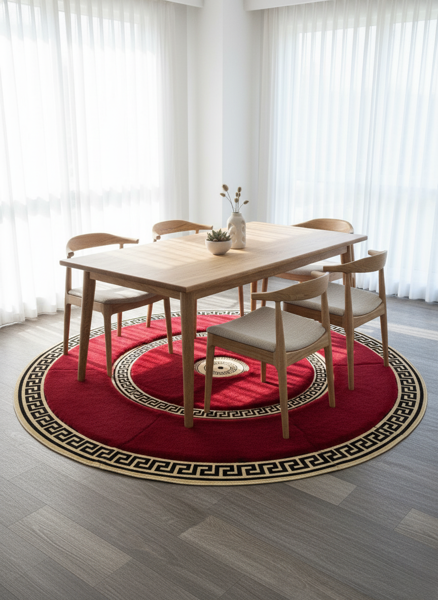Red Round Plush Rug – Gold Border Detailing, Ultra-Soft Texture, Non-Slip Backing, Custom Sizes Available