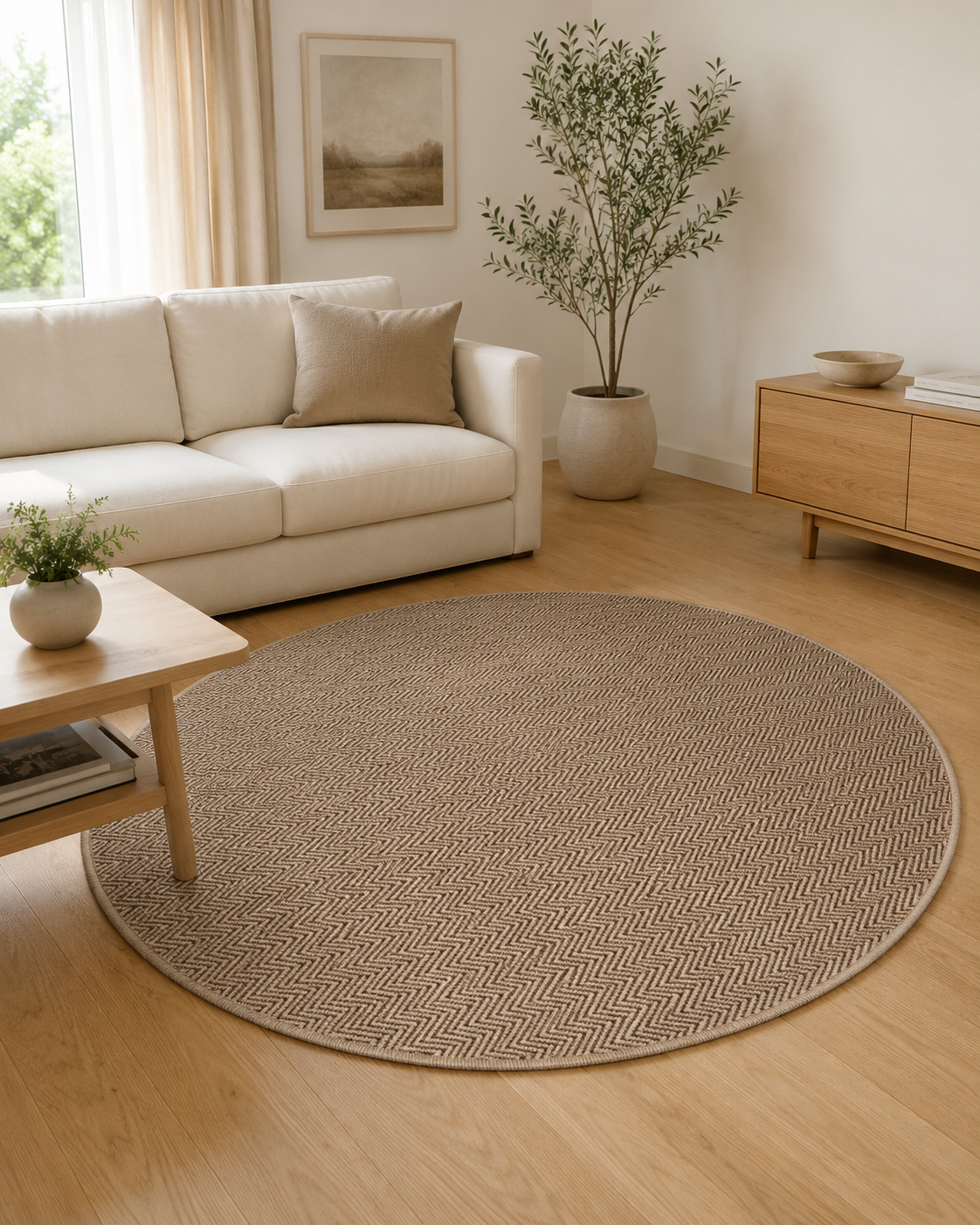 Round Herringbone Area Rug, Natural Woven Boho Carpet, Scandinavian Bedroom Accent (5.2 FT)