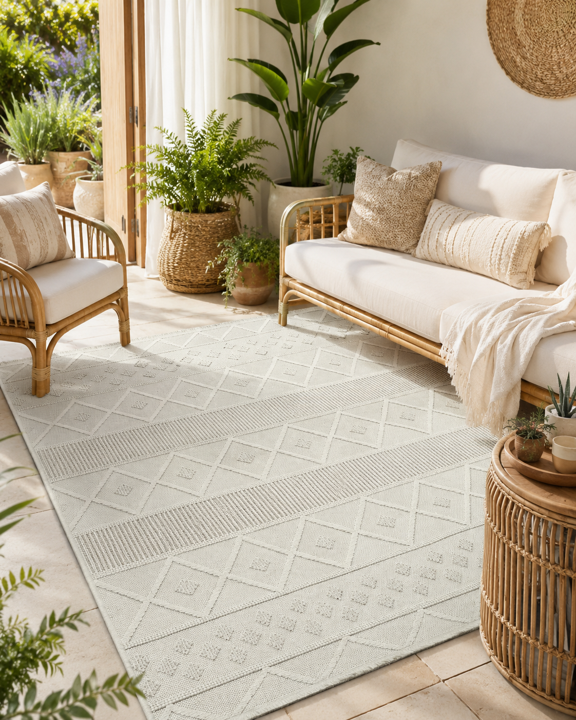 Cream Beige Geometric Textured Area Rug, Boho Scandinavian Living Room Carpet