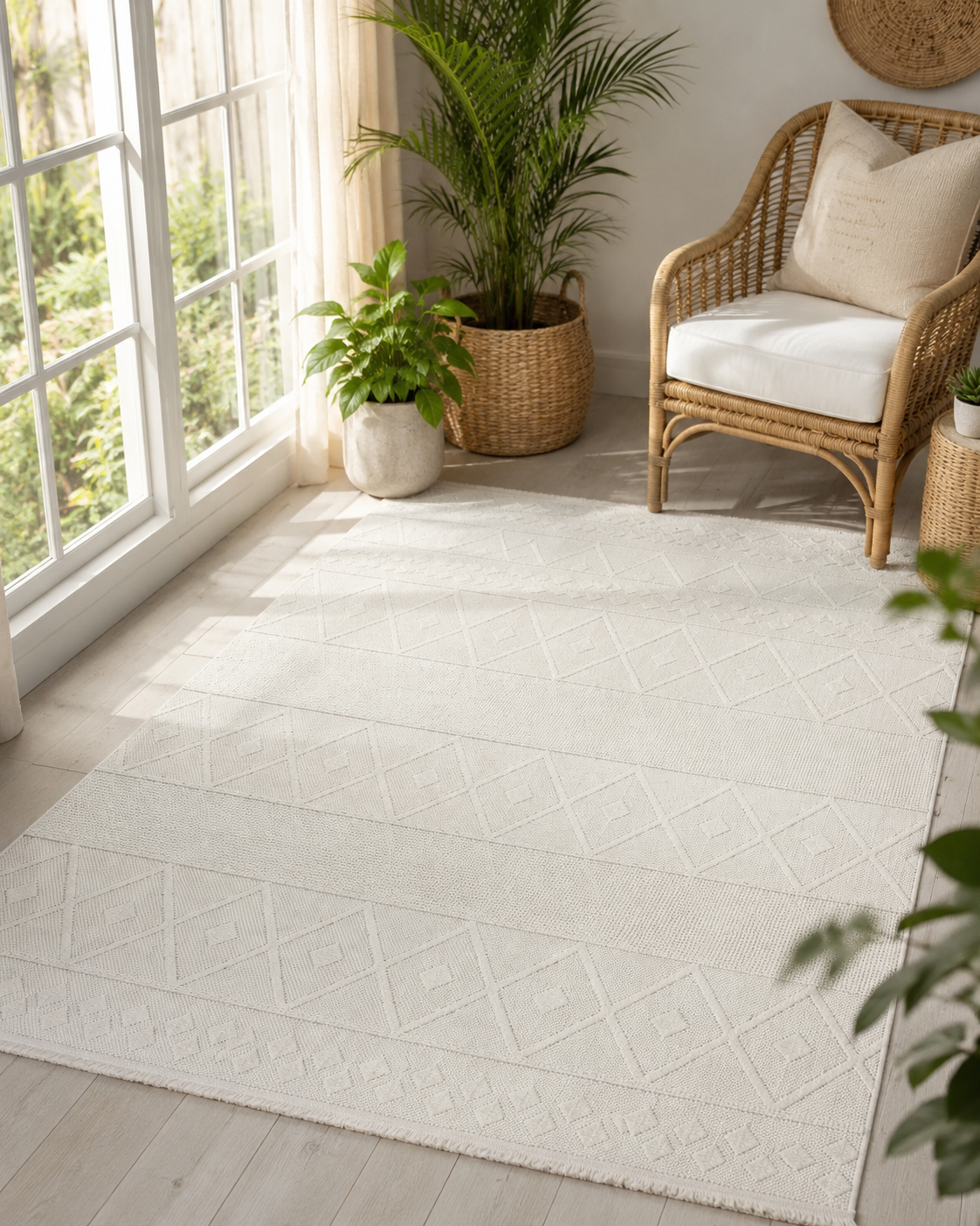 Cream Geometric Textured Area Rug, Boho Scandinavian Living Room Carpet