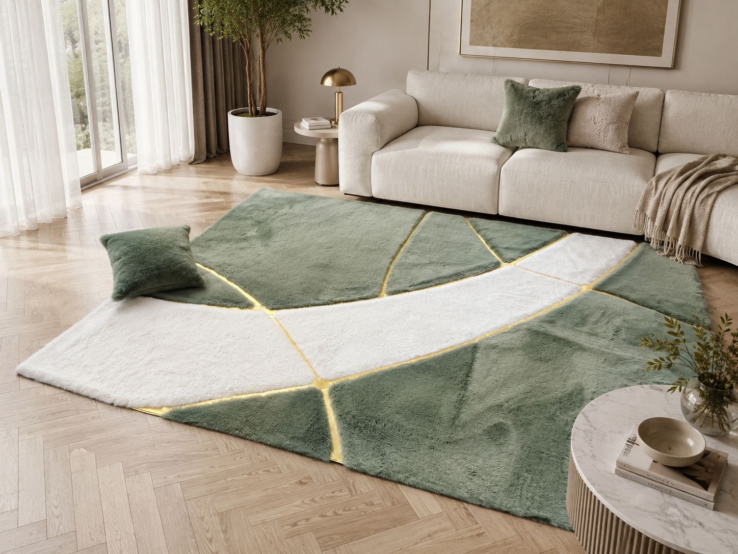 Sage Green & Ivory Soft Plush Area Rug – Modern Geometric Luxury Rug