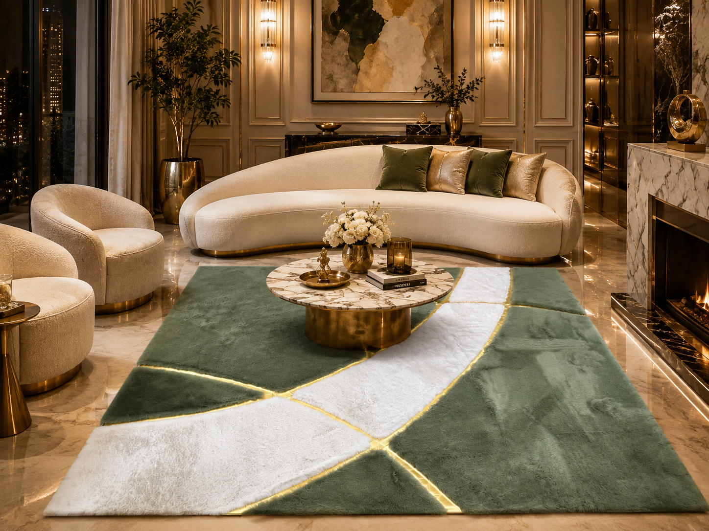 Sage Green & Ivory Soft Plush Area Rug – Modern Geometric Luxury Rug
