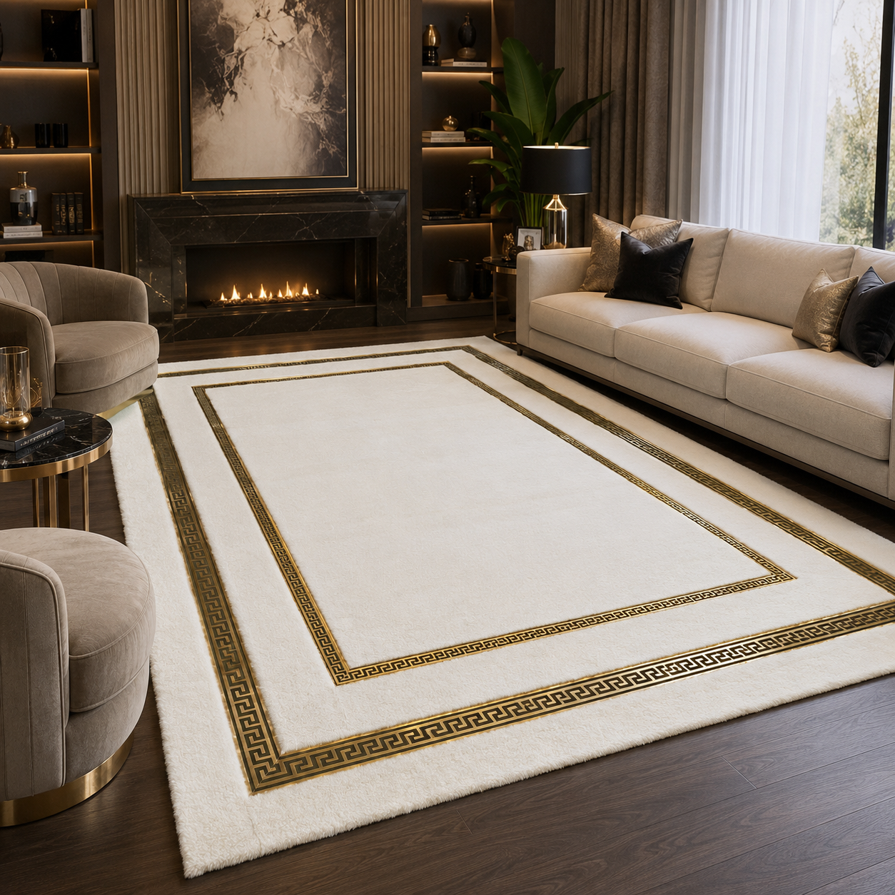 Ivory Soft Plush Area Rug with Black & Gold Greek Key Border – Luxury Modern Rug
