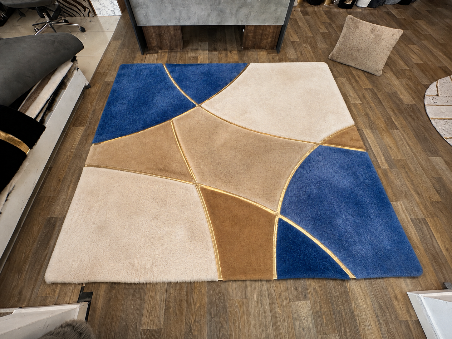 Blue, Beige & Camel Soft Plush Area Rug – Modern Geometric Luxury Rug