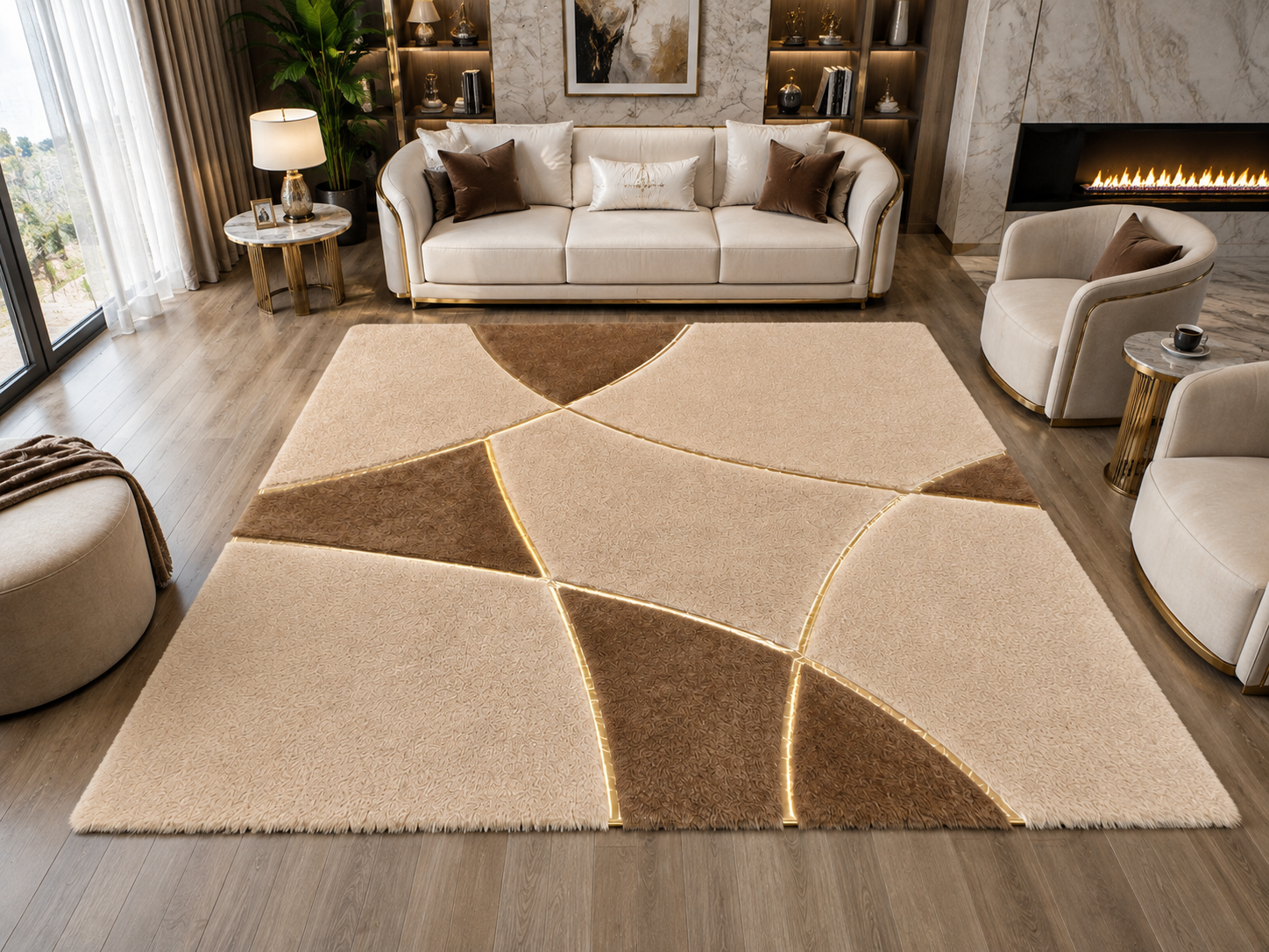 Beige & Brown Soft Plush Area Rug – Modern Geometric Luxury Rug