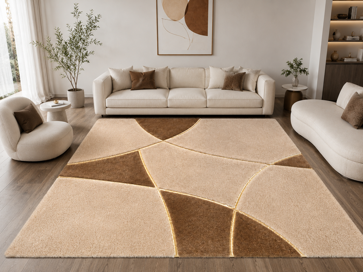 Beige & Brown Soft Plush Area Rug – Modern Geometric Luxury Rug
