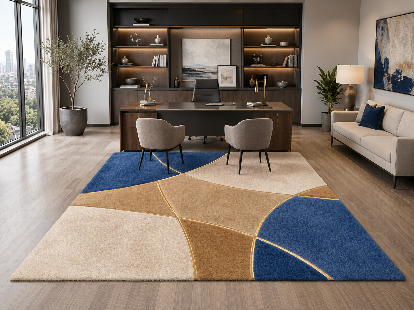 Blue, Beige & Camel Soft Plush Area Rug – Modern Geometric Luxury Rug
