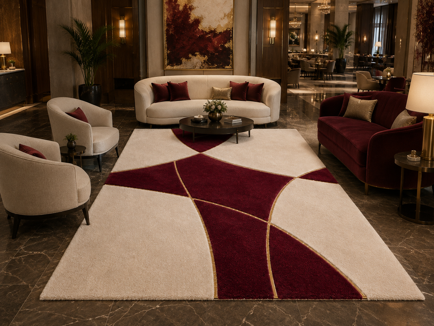 Beige & Burgundy Soft Plush Area Rug – Modern Geometric Luxury Rug
