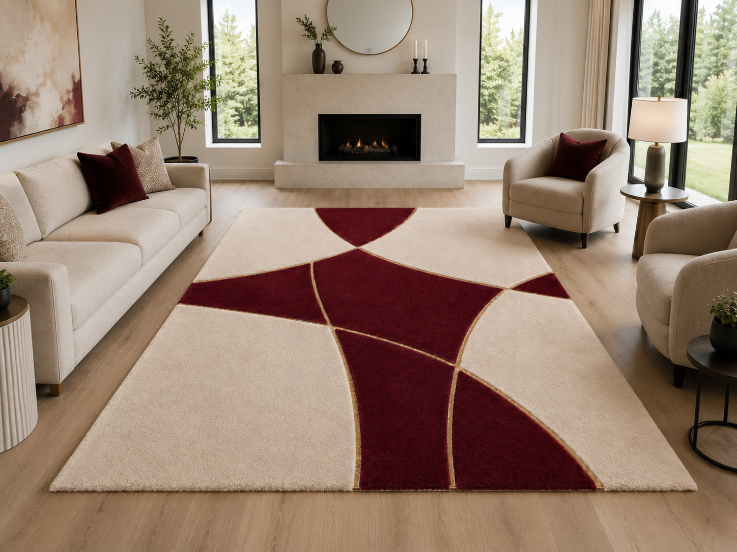 Beige & Burgundy Soft Plush Area Rug – Modern Geometric Luxury Rug