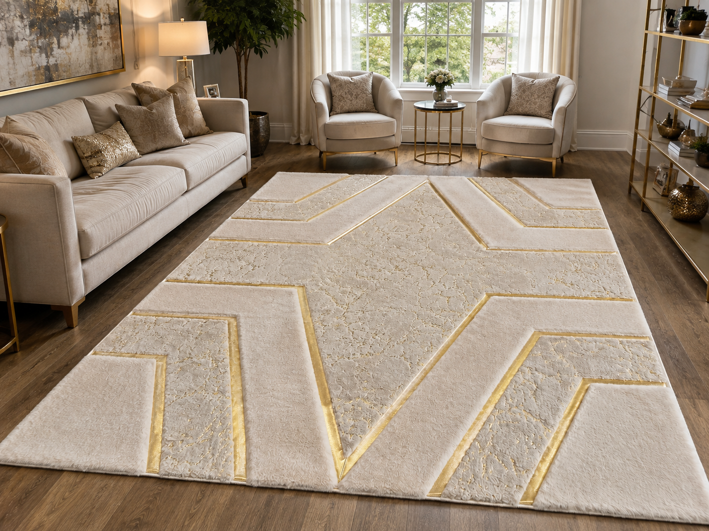 Ivory & Cream Soft Plush Area Rug – Modern Geometric Luxury Rug with Gold Accents