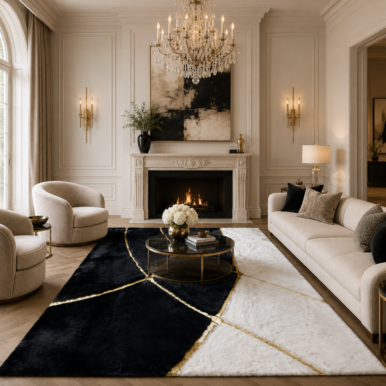 Black and White Plush Rug, Soft Shag Area Carpet, Modern Home Decor