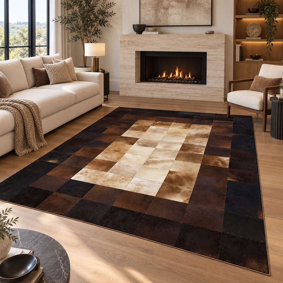 Brown and White Cowhide Rug Custom Size Available