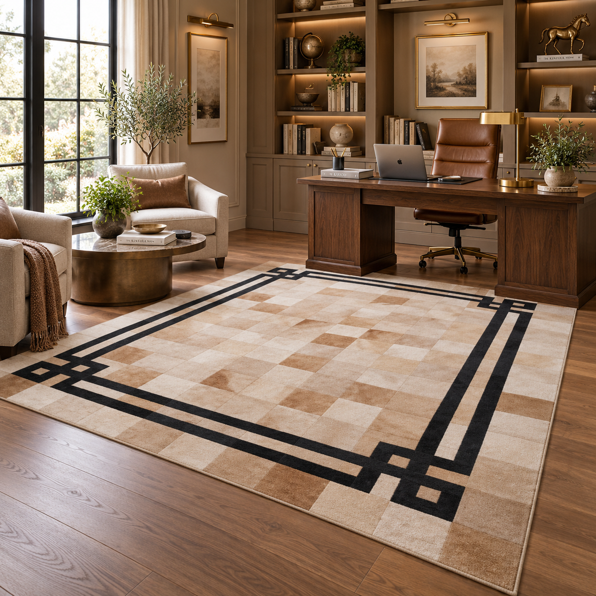 Beige Cowhide Rug, Black Geometric Border Area Rug, Tan Patchwork Carpet