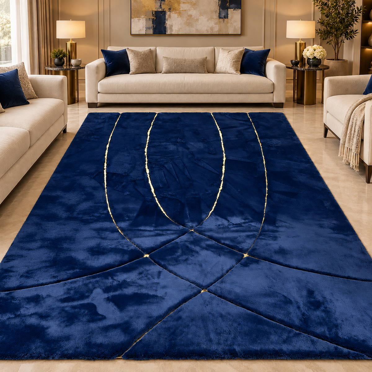 Midnight Navy Blue Plush Rug, Abstract Gold Line Art – Outlet Single Piece, 3 x 5 ft