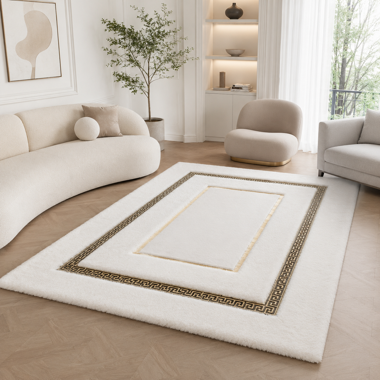 White Plush Rug, Gold Geometric Border Area Rug