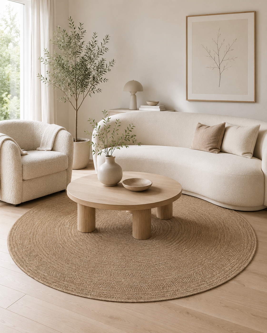 Round Jute-Style Beige Area Rug, Textured Boho Coastal Carpet (5.2 FT)