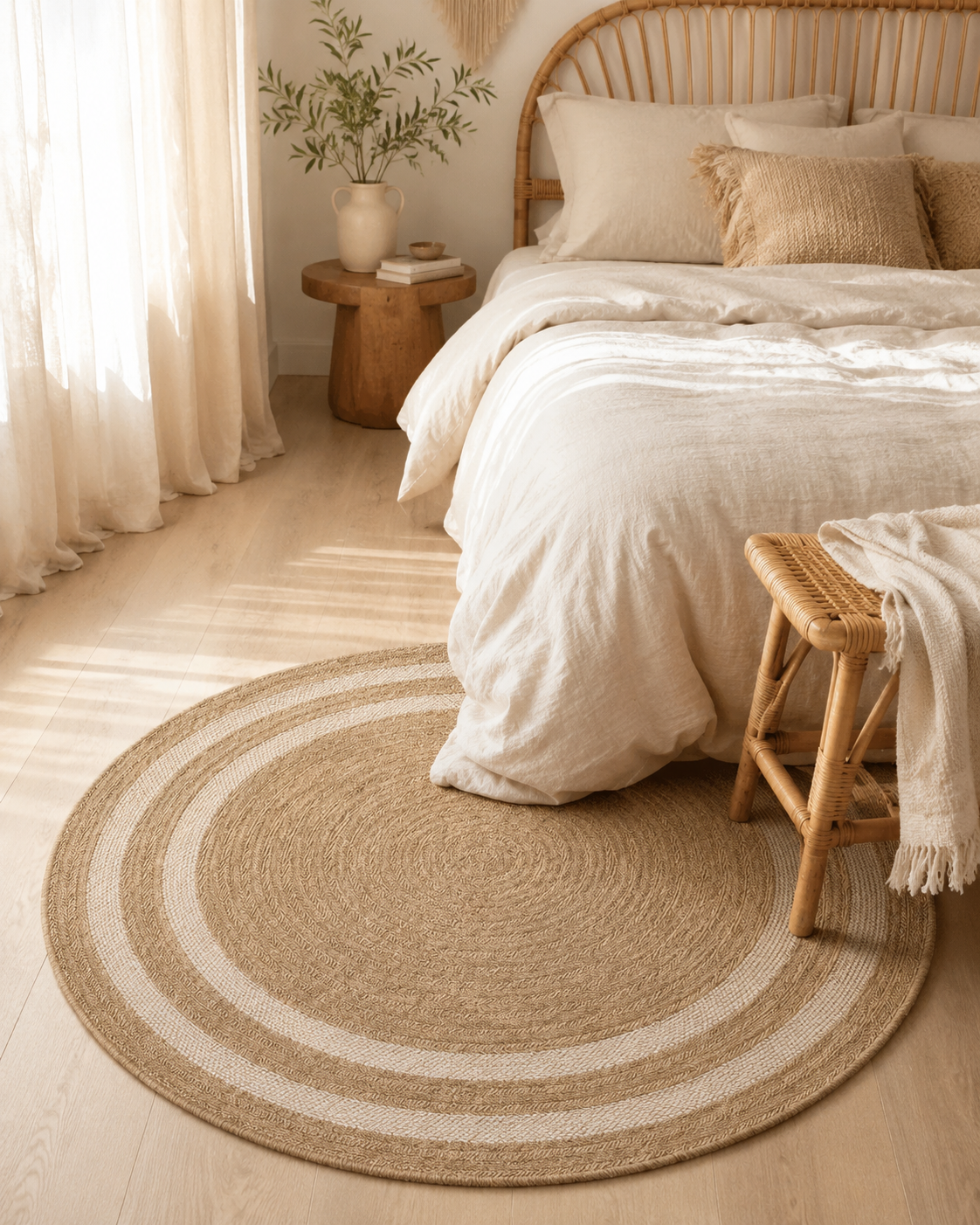 Round Striped Jute Style Area Rug, Boho Coastal Living Room Carpet