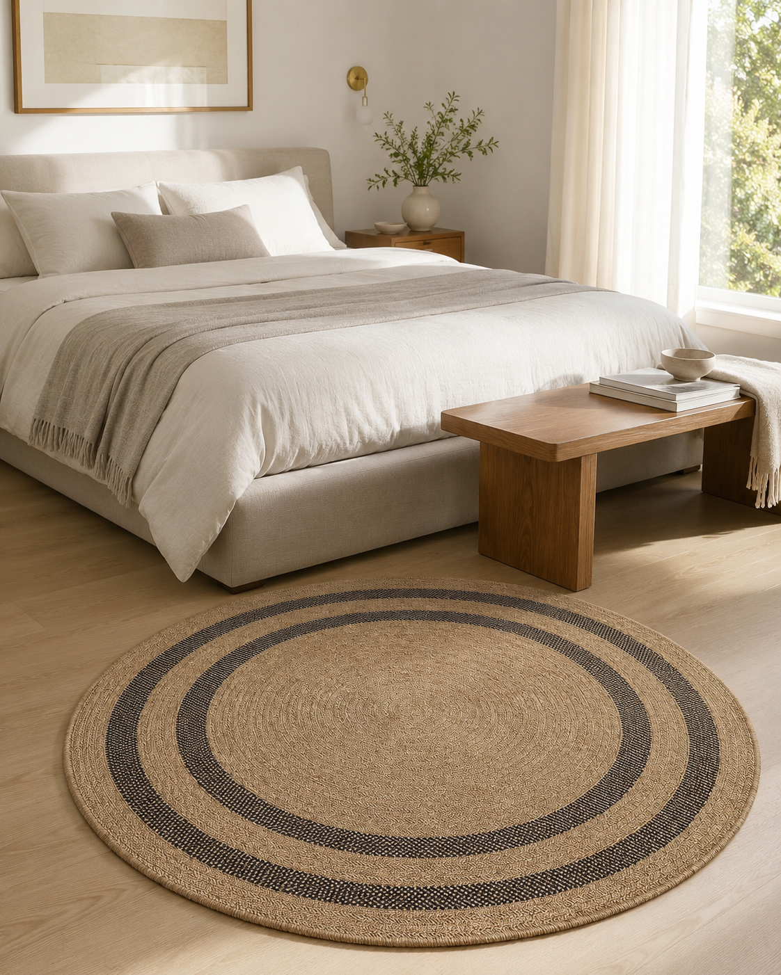 Round Jute-Style Beige Area Rug, Black Stripe Boho Coastal Carpet