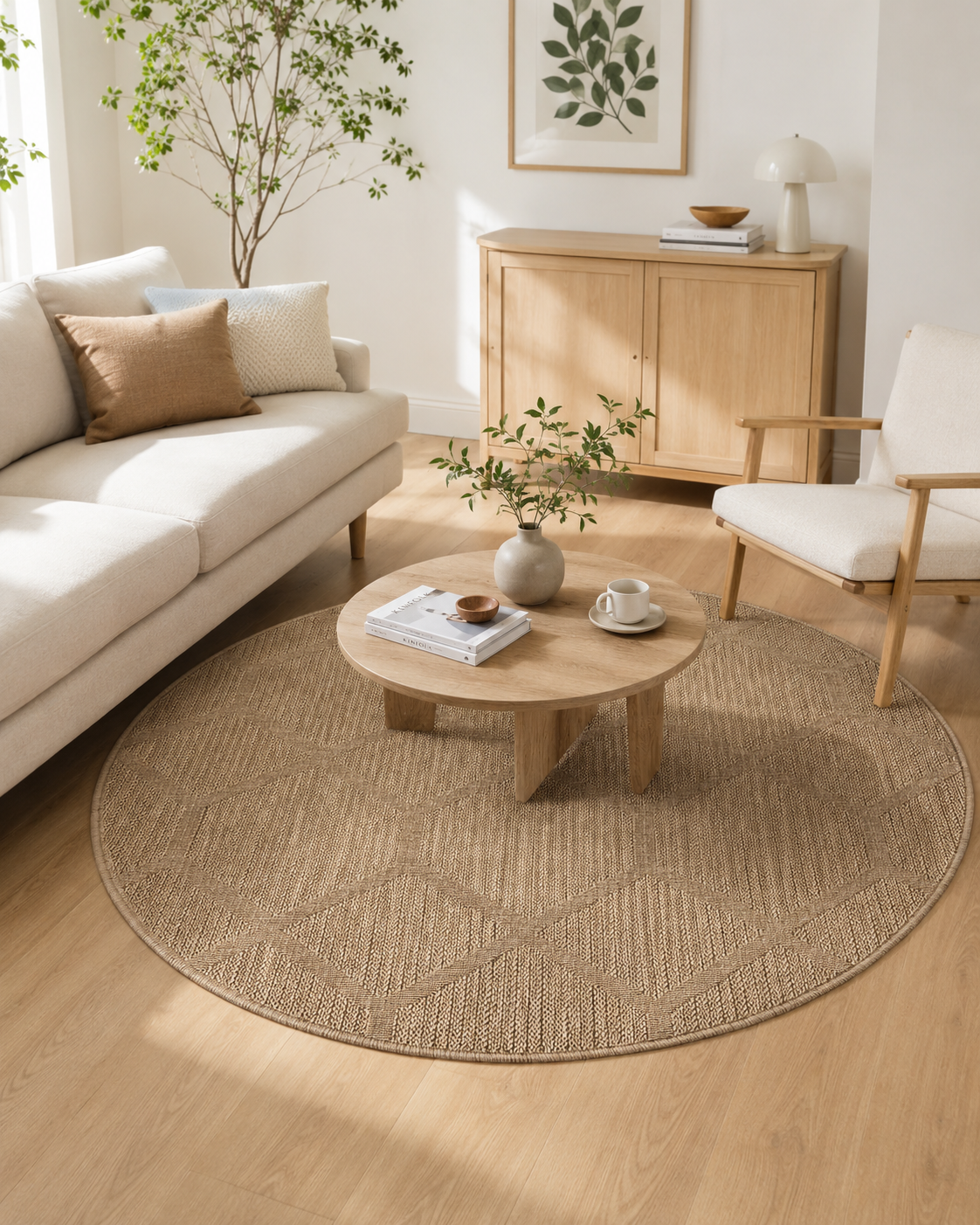 Round Beige Geometric Jute Style Area Rug, Boho Minimalist Living Room Carpet (5.2FT)