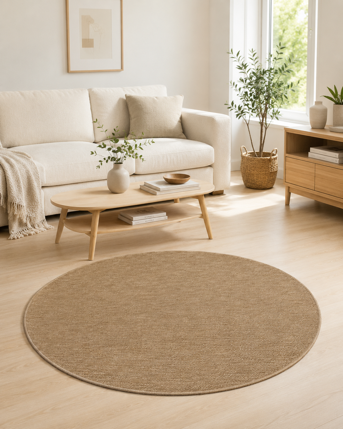 Round Beige Area Rug, Plain Neutral Minimalist Carpet, Soft Modern Bedroom Rug (5.2x5.2 FT)