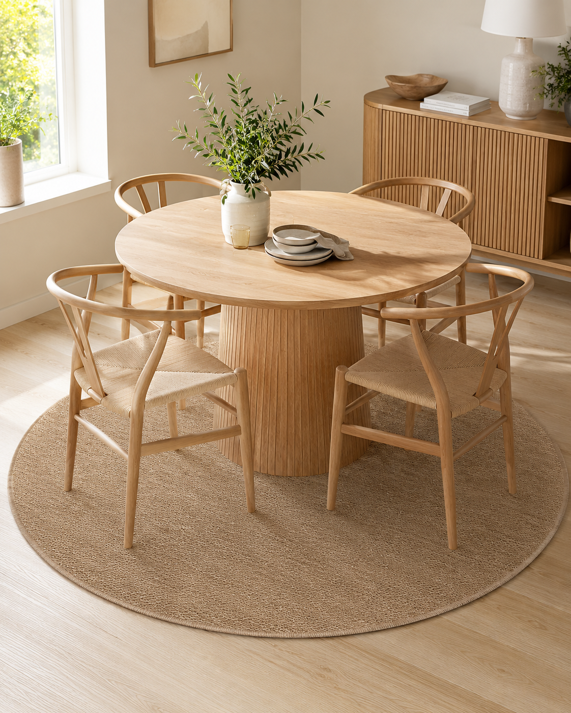 Round Beige Area Rug, Plain Neutral Minimalist Carpet, Soft Modern Bedroom Rug (5.2x5.2 FT)