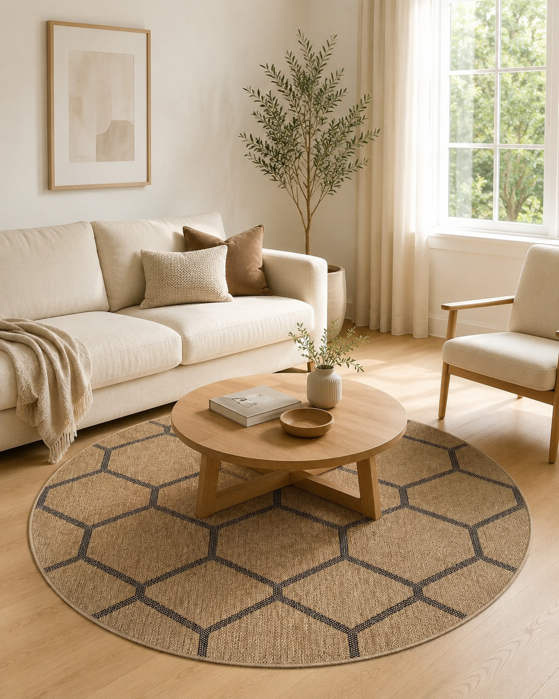 Round Beige Black Geometric Honeycomb Rug, Modern Boho Living Room Carpet (5.2x5.2FT)