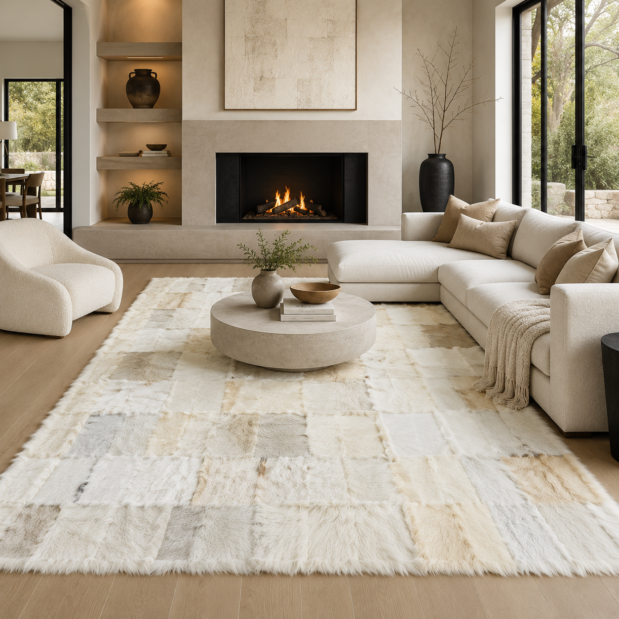 White Beige Patchwor Goatskin Rug – Soft Handmade Carpet