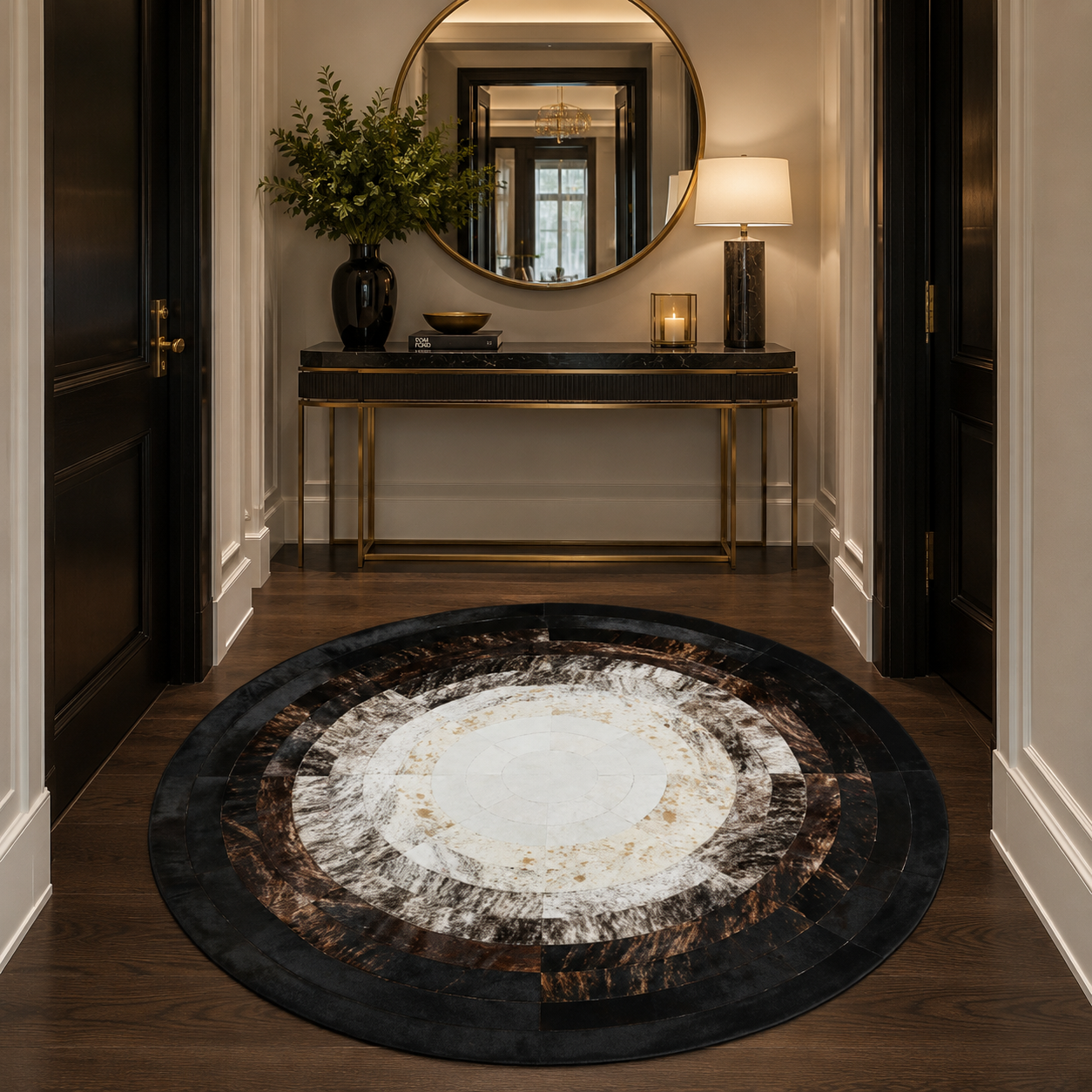 Round Brown and White Cowhide Rug, Handmade Patchwork Leather Carpet