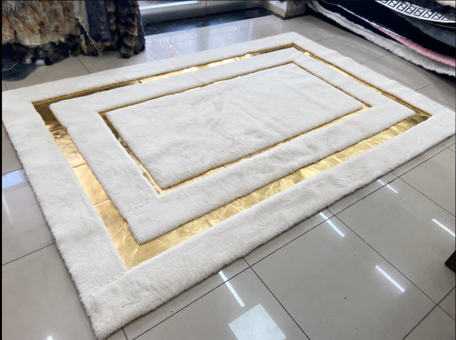 White Faux Fur Rug, Gold Border (Custom Order)