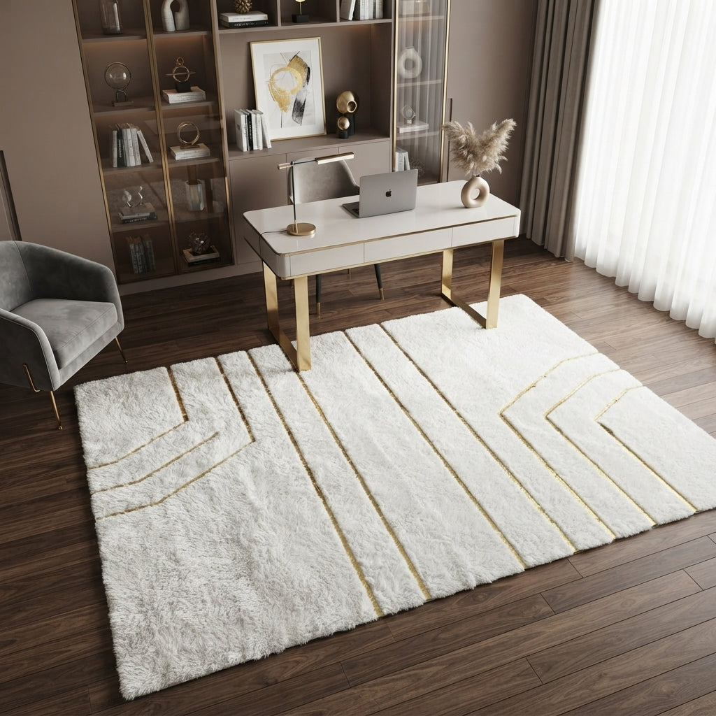 Cream Soft Plush Area Rug – Modern Geometric Luxury Rug with Gold Accents
