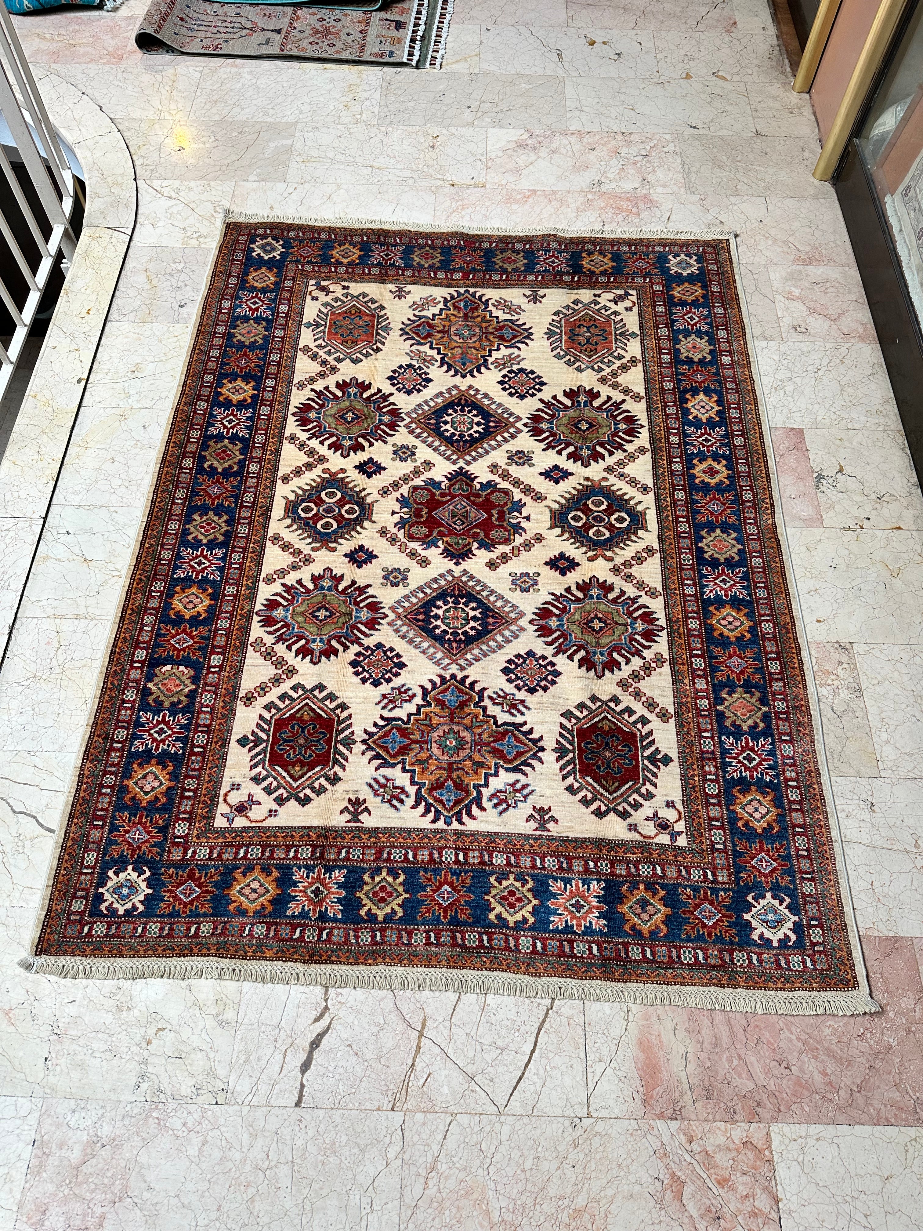 Afghan Style Rug – Hand-Knotted Wool Carpet 199x150cm (6.5x5ft) on Cotton Foundation, Geometric Oriental One of a Kind Rug