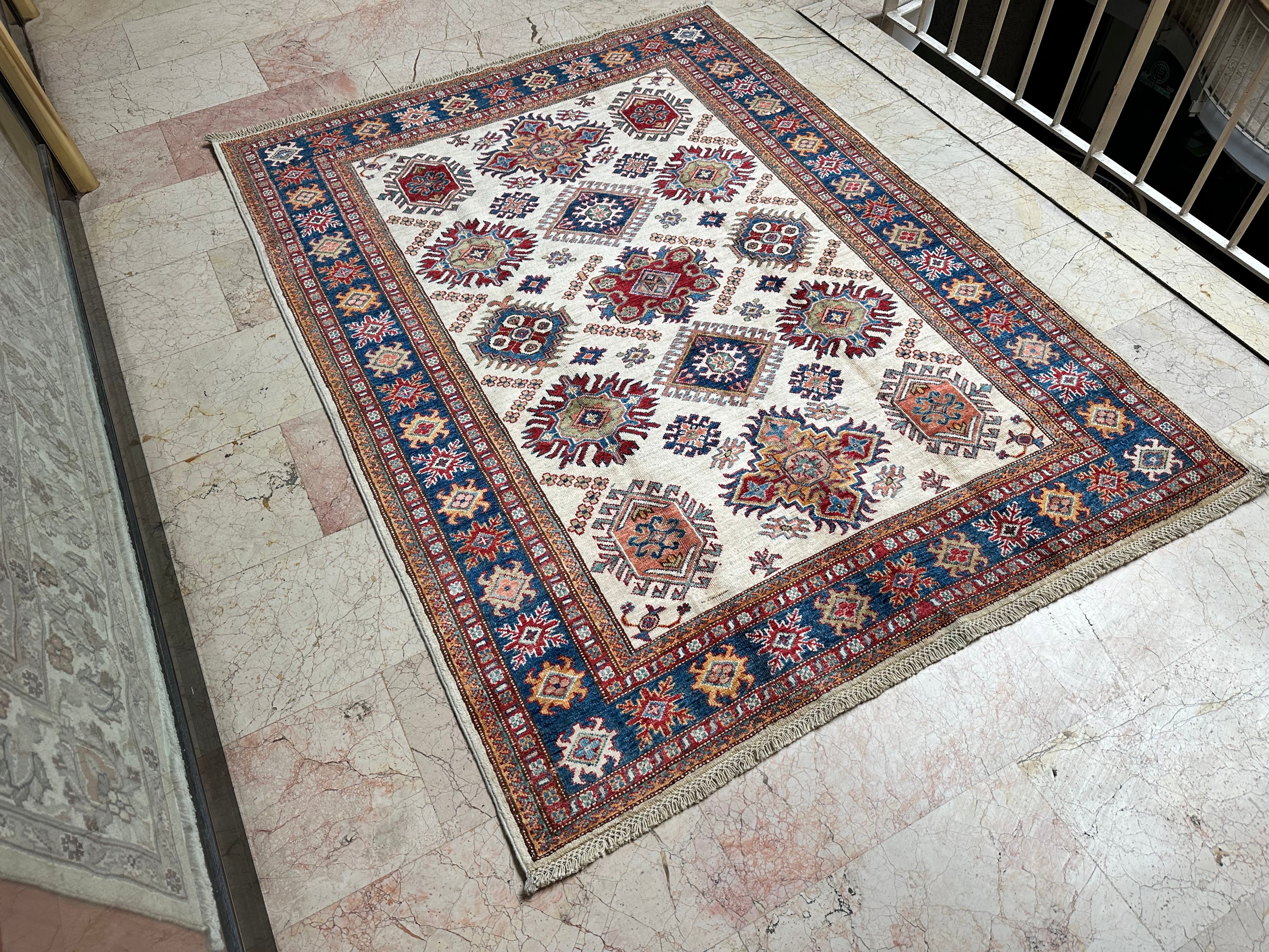 Afghan Style Rug – Hand-Knotted Wool Carpet 199x150cm (6.5x5ft) on Cotton Foundation, Geometric Oriental One of a Kind Rug
