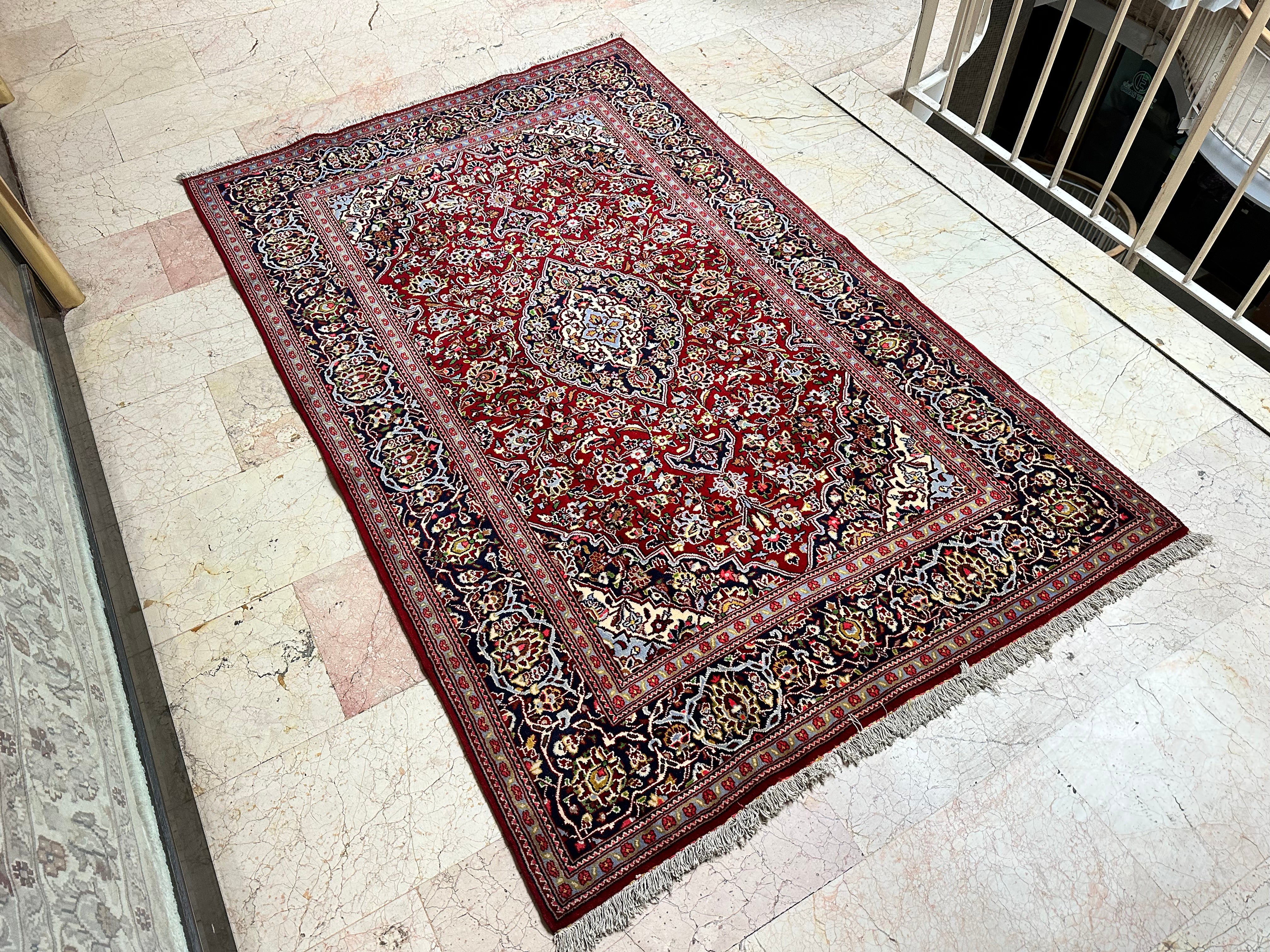 Handmade Red Wool Medallion Rug Carpet 205x132cm (6.7x4.3ft) on Cotton Foundation, Traditional Red Medallion One of a Kind