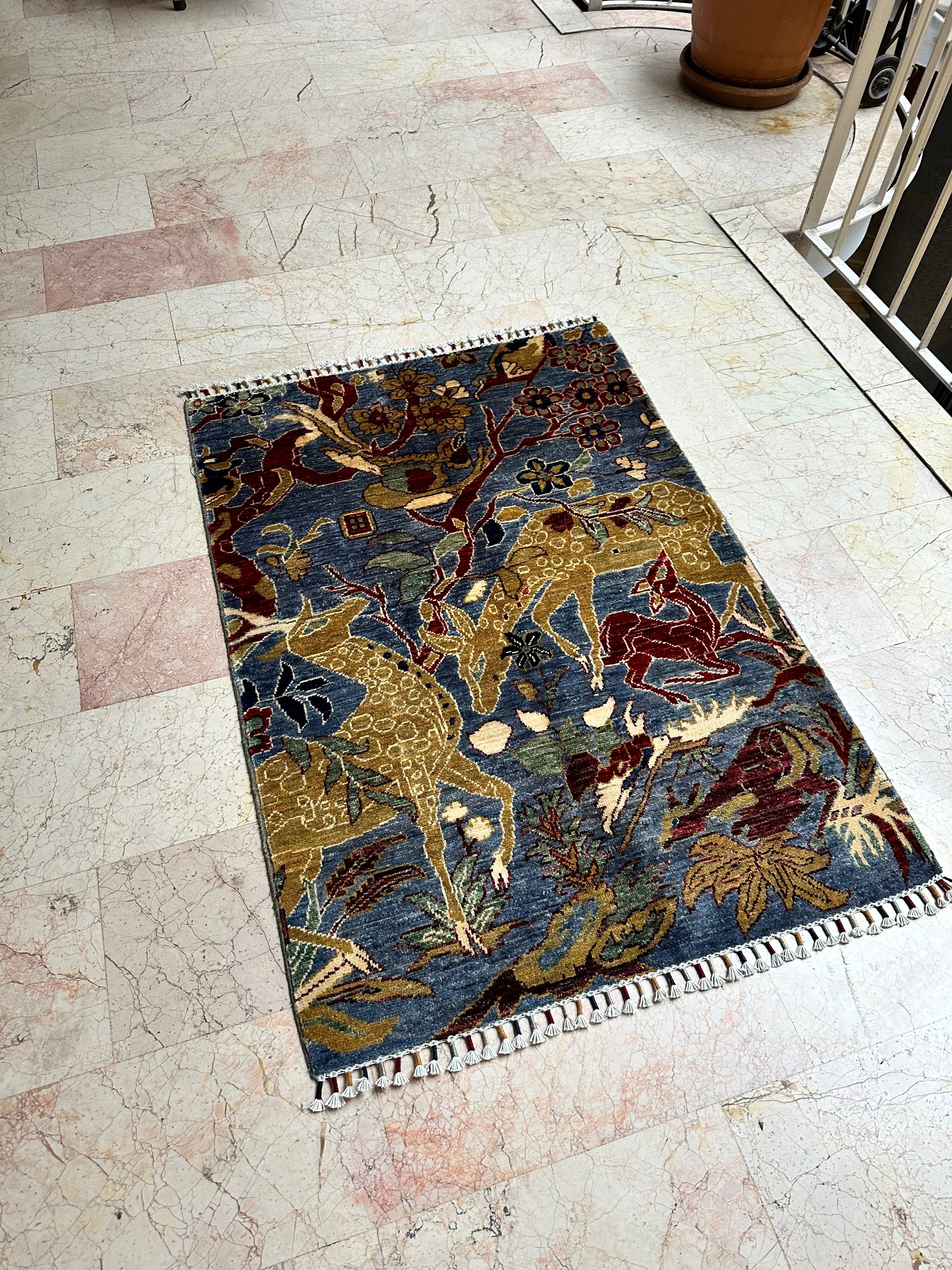 Afghan Animal Design Rug – Hand-Knotted Wool Carpet 148x105cm (4.8x3.4ft), Pictorial Oriental One of a Kind