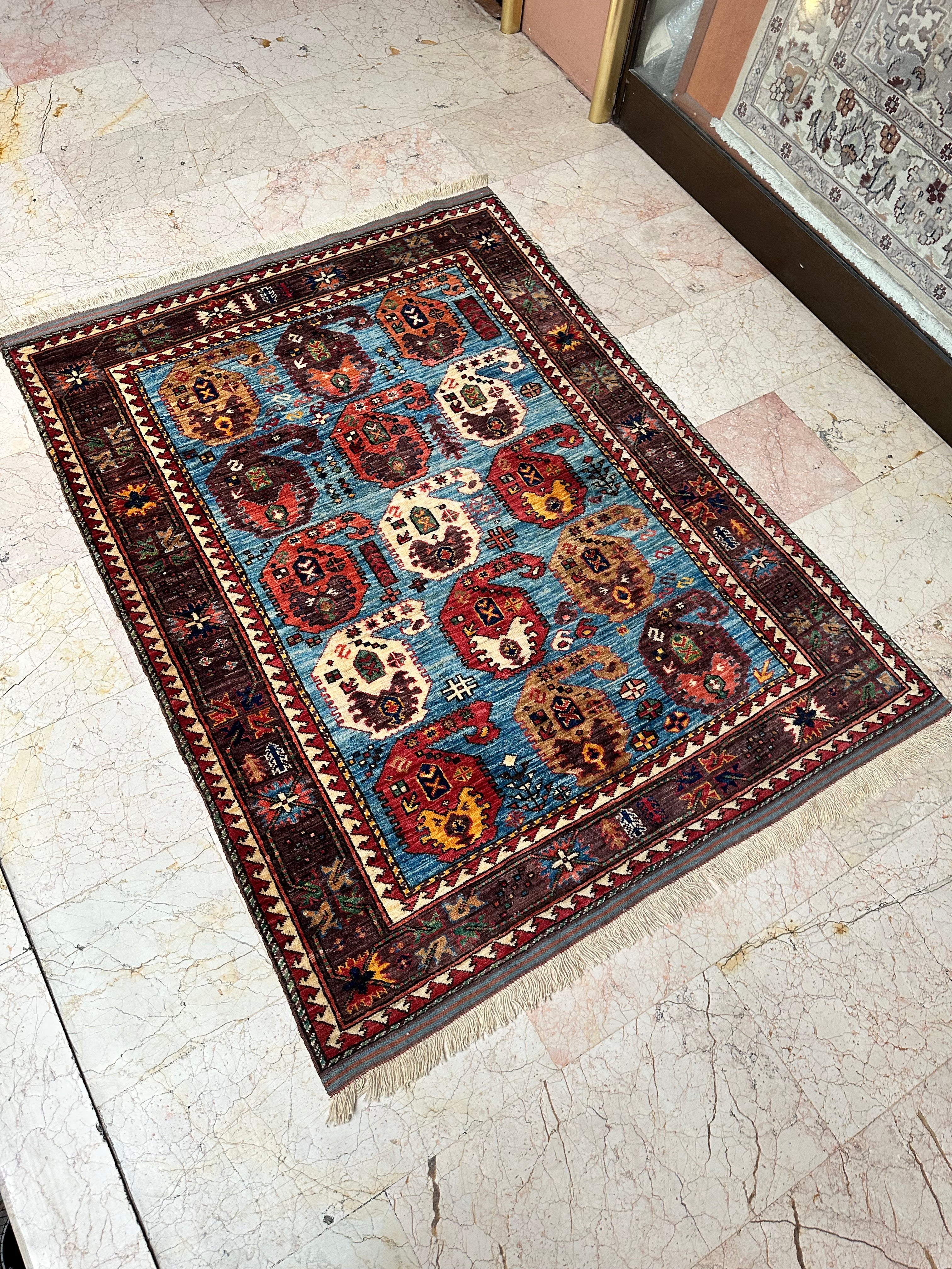 Handmade Afghan Rug – Hand-Knotted Wool Carpet 162x126cm (5.3x4.1ft), Tribal Geometric One of a Kind
