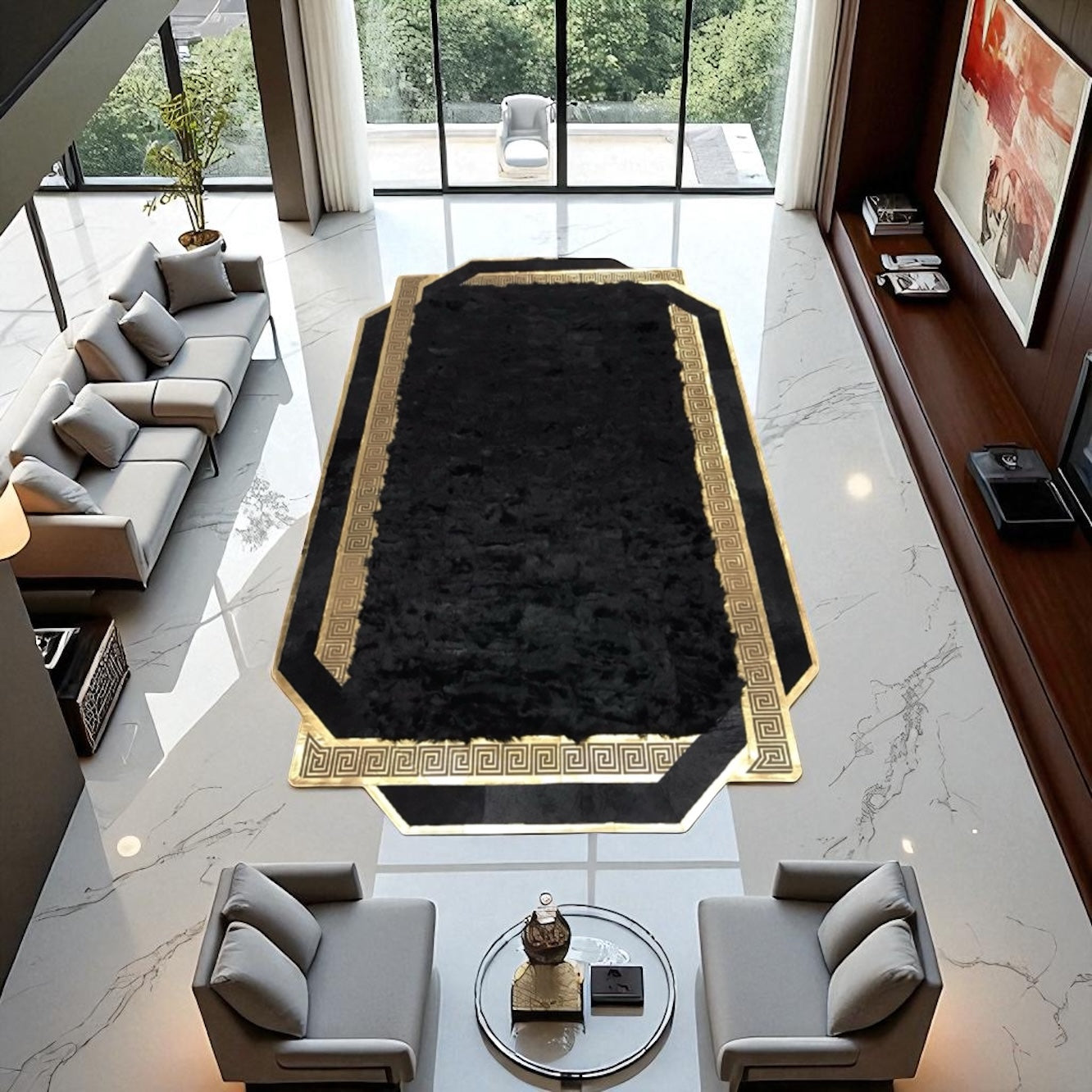Luxury Black Toscana Sheepskin Rug with Gold Greek Border, Handmade Soft Fur Carpet, Custom Size Natural Fur Rug for Hall or Entryway