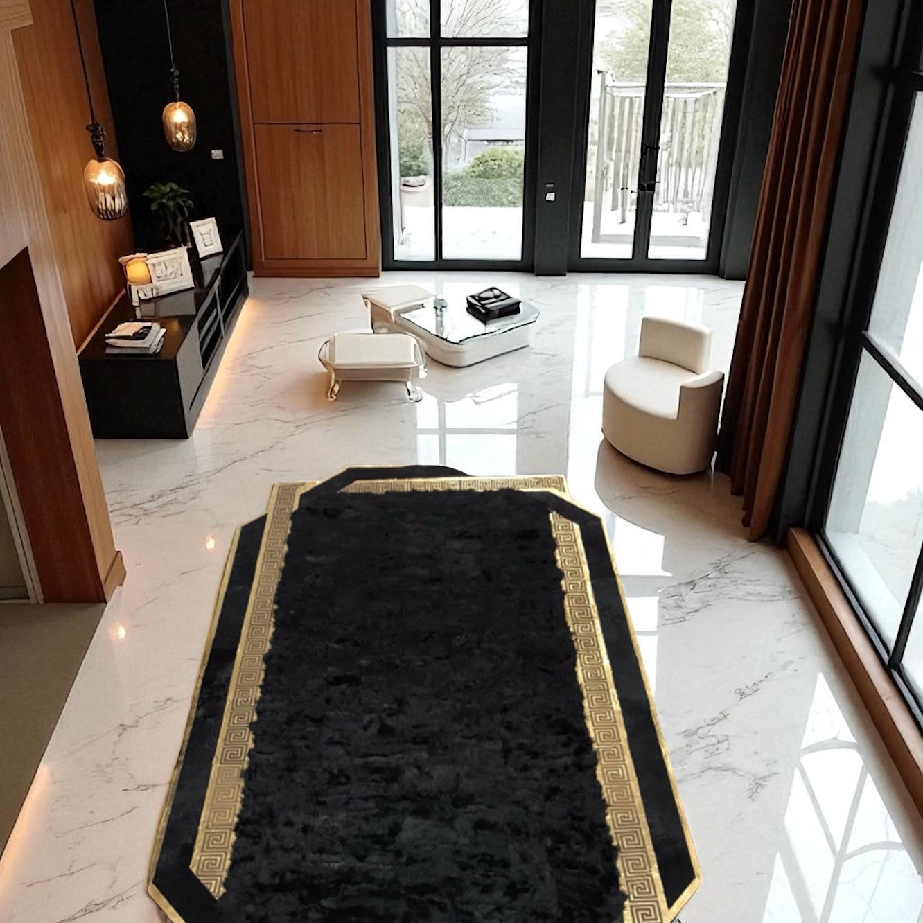 Luxury Black Toscana Sheepskin Rug with Gold Greek Border, Handmade Soft Fur Carpet, Custom Size Natural Fur Rug for Hall or Entryway